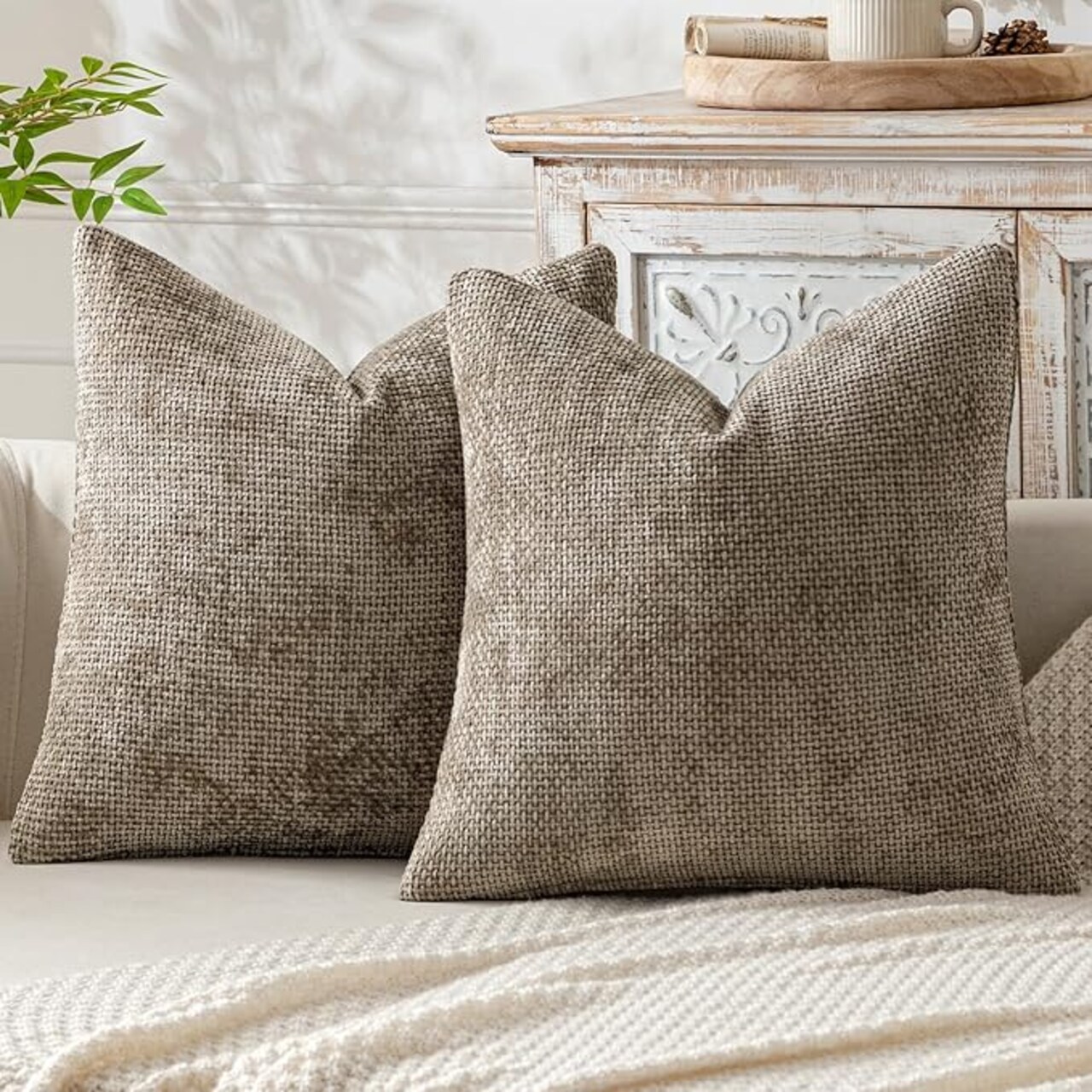 Pack of 2 Khaki Decorative Pillow Covers 18x18 Inch Soft Chenille Couch Throw Pillows Farmhouse Cushion Covers for Home Decor Sofa Bedroom Living Room